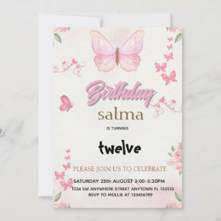 Pink Butterfly Girl Birthday Invitation - Editable