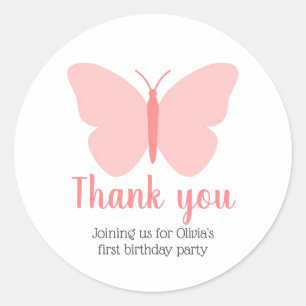 Pink Butterfly Girl's 1st Birthday Thank You  Classic Round Sticker