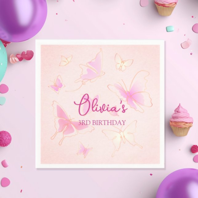 Pink Butterfly Girls Birthday Napkin (Creator Uploaded)