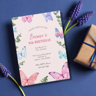 Pink Butterfly Girls Birthday Party Invitation 