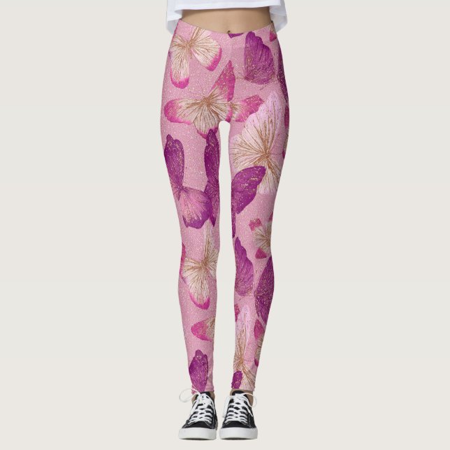 Pink Butterfly Glitter Seamless Pattern Leggings (Front)