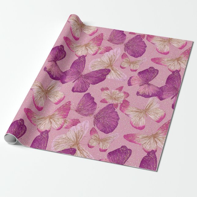 Pink Butterfly Glitter Seamless Pattern Wrapping Paper (Unrolled)