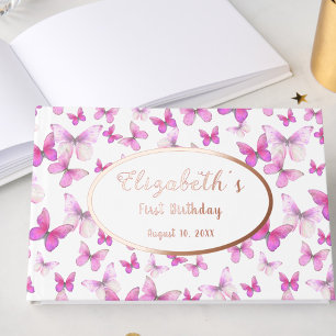 Pink Butterfly Gold Foil First Birthday Guest Book