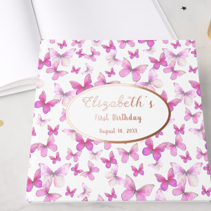 Pink Butterfly Gold Foil First Birthday Guest Book