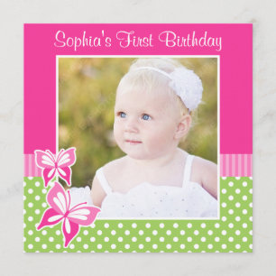 Pink Butterfly Green Polka Dot 1st Birthday Photo Invitation