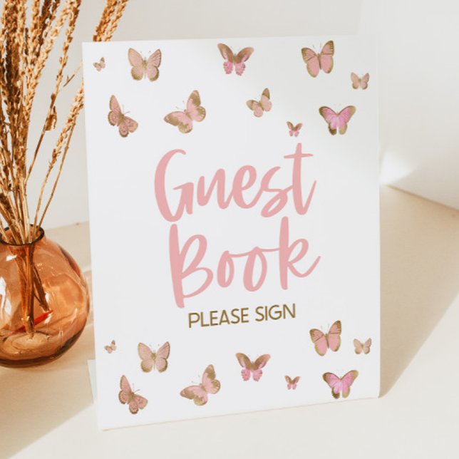 Pink Butterfly Guest Book Please Sign Party Sign (Creator Uploaded)