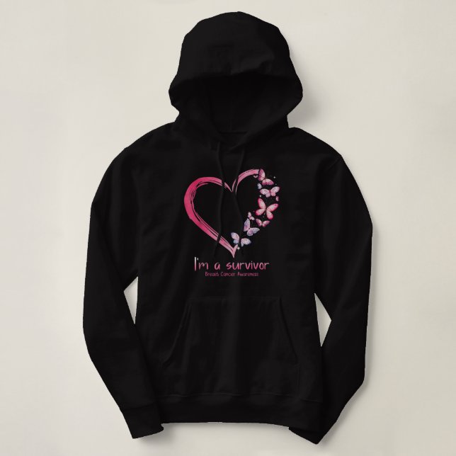 Pink Butterfly Heart I'm A Survivor Breast Cancer  Hoodie (Design Front)