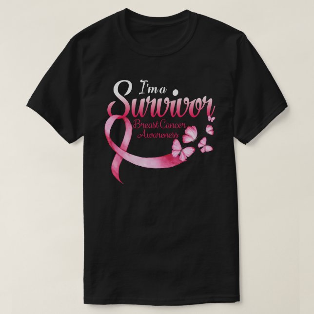 Pink Butterfly Heart I'm A Survivor Breast Cancer T-Shirt (Design Front)