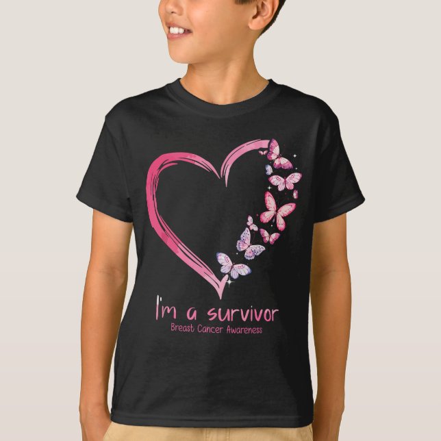 Pink Butterfly Heart I'm A Survivor Breast Cancer  T-Shirt (Front)