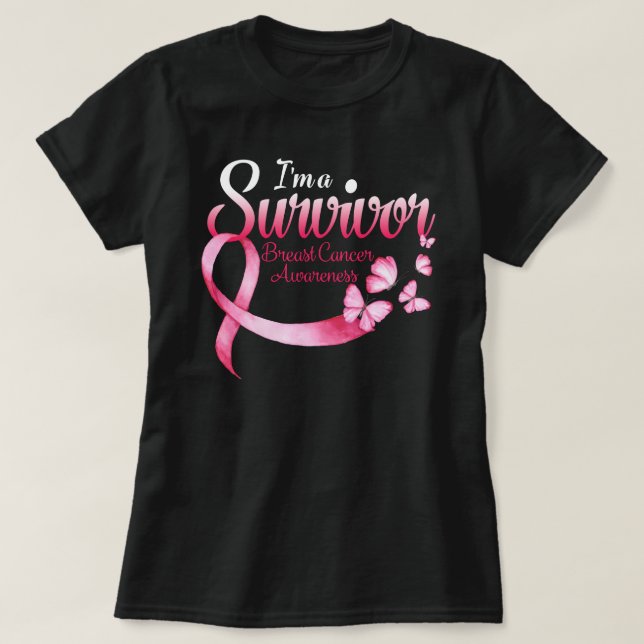 Pink Butterfly Heart I'm A Survivor Breast Cancer T-Shirt (Design Front)