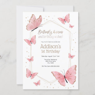 Pink Butterfly Kisses and Birthday Wishes Birthday Invitation