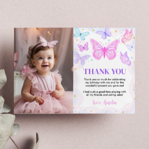 Pink Butterfly Kisses Birthday Photo Thank You Card