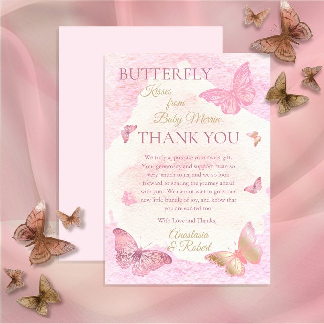 Pink Butterfly Kisses Girl Baby Shower  Thank You Card (Creator Uploaded)