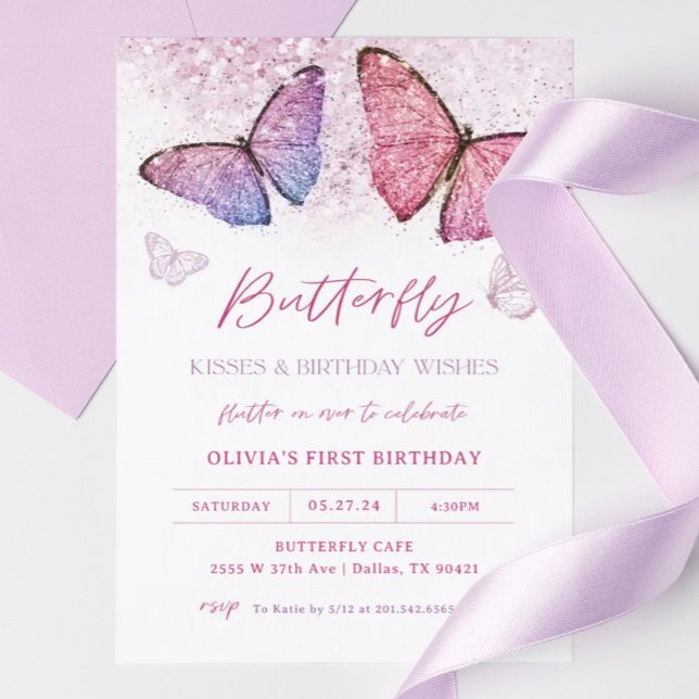 Pink Butterfly Kisses Girl Birthday Party Invitation (Creator Uploaded)