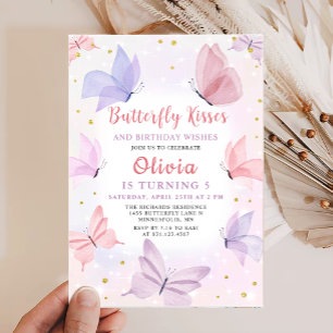 Pink Butterfly Kisses Girls Birthday Party  Invitation