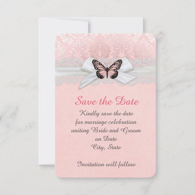 Pink Butterfly Lace Ribbon Damask Save the date (Front)