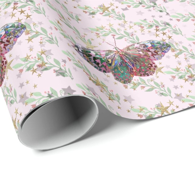 Pink Butterfly & Leaves Wrapping Paper (Roll Corner)