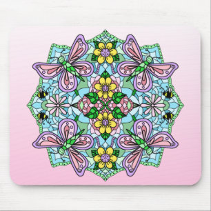 Pink Butterfly Mandala Whimsical Hand Drawn   Mouse Mat