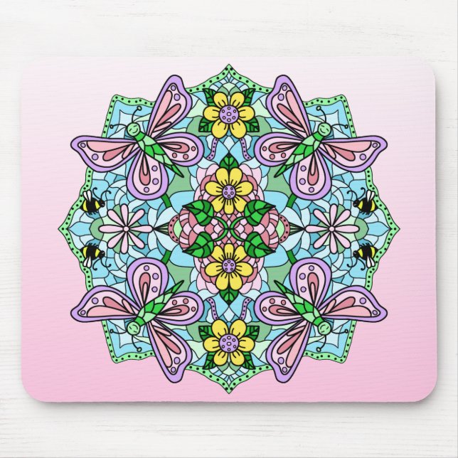 Pink Butterfly Mandala Whimsical Hand Drawn   Mouse Mat (Front)