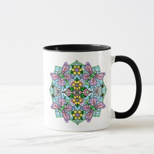 Pink Butterfly Mandala Whimsical Hand Drawn   Mug (Right)