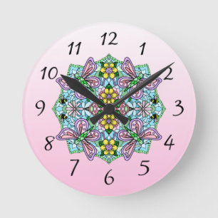 Pink Butterfly Mandala Whimsical Hand Drawn Round Clock