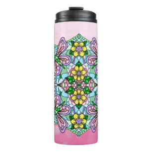 Pink Butterfly Mandala Whimsical Hand Drawn Thermal Tumbler