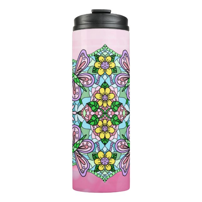 Pink Butterfly Mandala Whimsical Hand Drawn   Thermal Tumbler (Front)