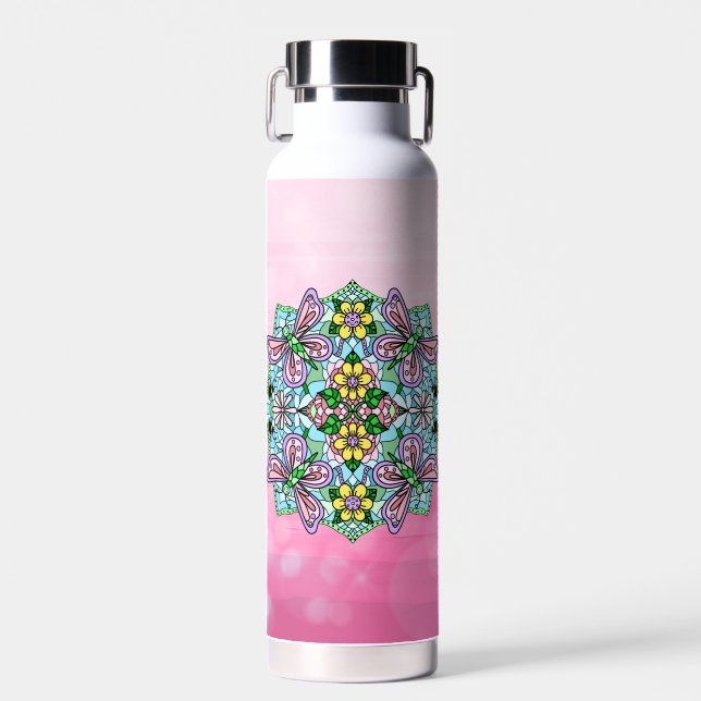 Pink Butterfly Mandala Whimsical Hand Drawn   Water Bottle (Front)