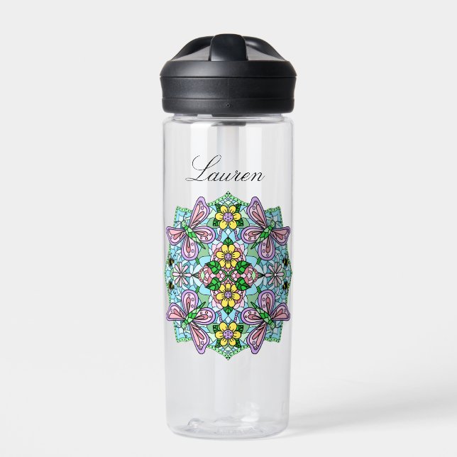 Pink Butterfly Mandala Whimsical Hand Drawn   Water Bottle (Front)