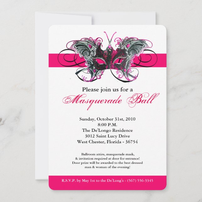Pink Butterfly Masquerade Mask Costume Halloween Invitation (Front)
