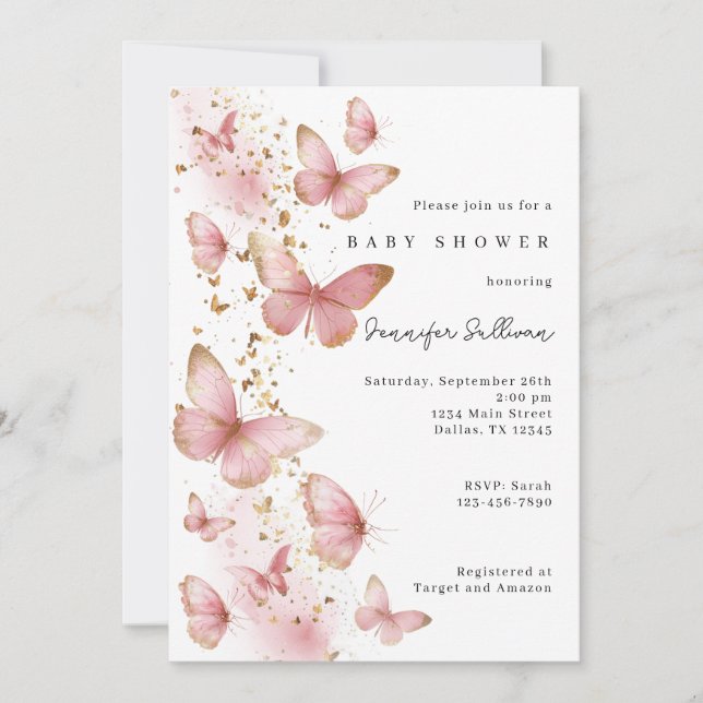 Pink Butterfly Minimalist Baby Shower Invitation (Front)