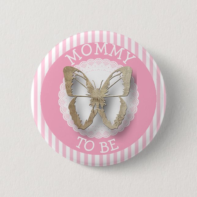 Pink Butterfly Mummy to be baby shower button (Front)