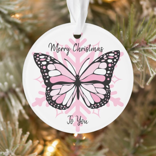 Pink Butterfly on a Snowflake Christmas Ornament (Tree)