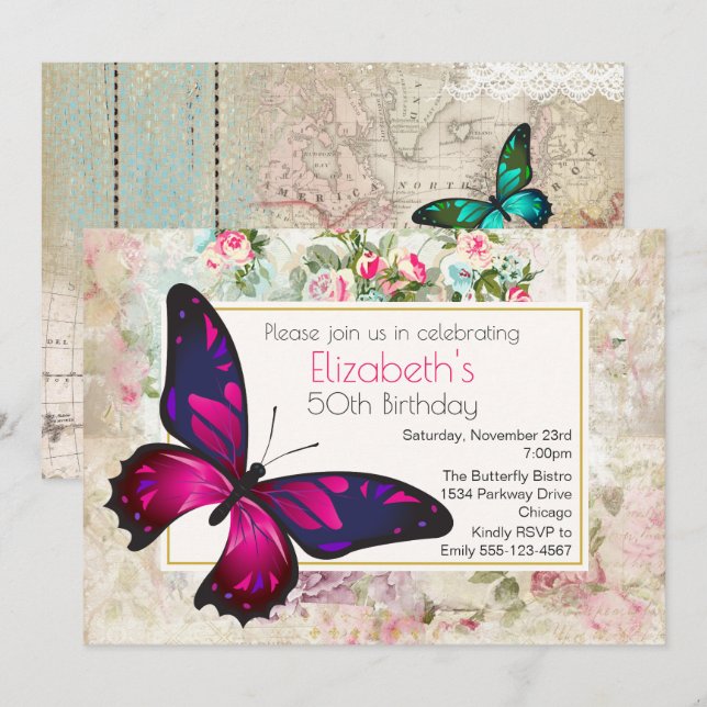 Pink Butterfly on a Vintage Collage Birthday Invitation (Front/Back)