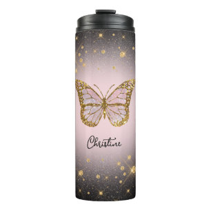 pink butterfly on black background thermal tumbler