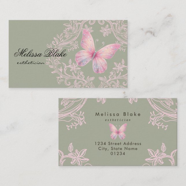 pink butterfly on sage green background business card (Front/Back)