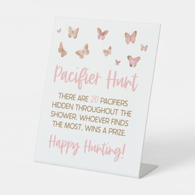 Pink Butterfly Pacifier Hunt Baby Shower Game Pedestal Sign (Front)