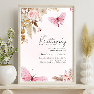 Pink Butterfly Pampas Grass Bohemian Baby Shower Poster