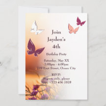 Pink Butterfly Party 4th Birthday Invitation Card