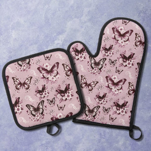 Pink Butterfly Pattern Oven Mitt & Pot Holder Set