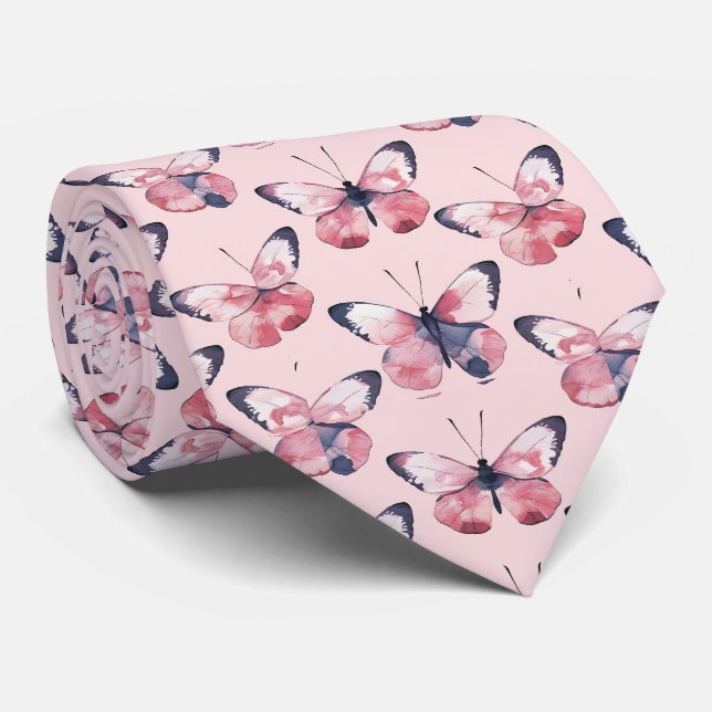 Pink Butterfly Pattern Tie (Rolled)