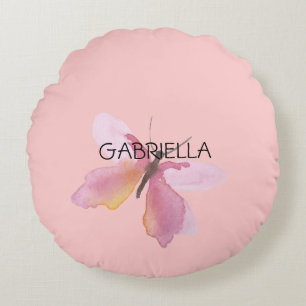 Pink Butterfly Personalised Name Round Cushion