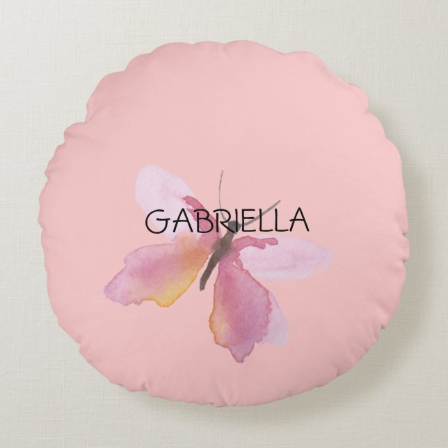 Pink Butterfly Personalised Name Round Cushion (Front)