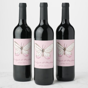 Pink Butterfly Personalised Wedding Wine Label