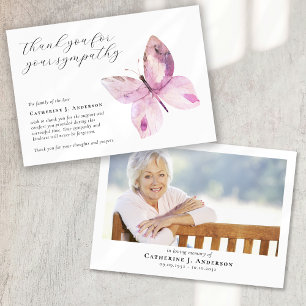 Pink Butterfly Photo Sympathy Funeral Memorial Thank You Card