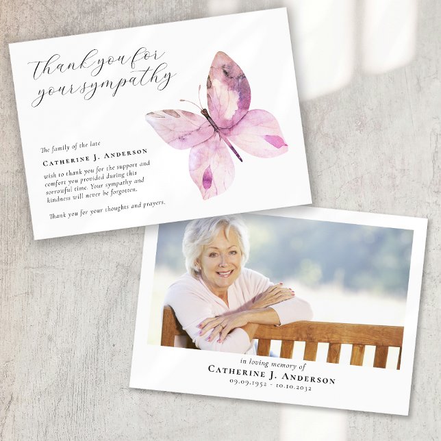 Pink Butterfly Photo Sympathy Funeral Memorial Thank You Card (Creator Uploaded)