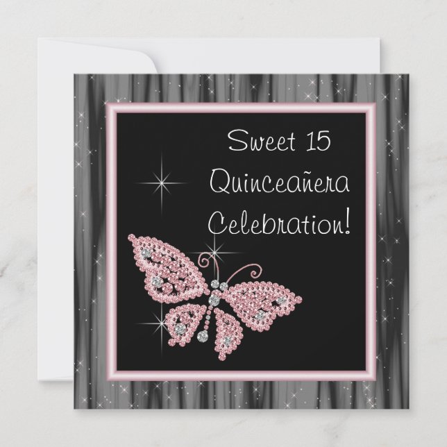 Pink Butterfly Pink Black Quinceanera Invitation (Front)