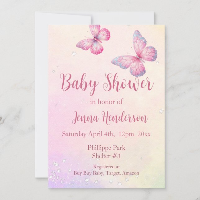 Pink Butterfly QR Code Baby Shower Invitation (Front)