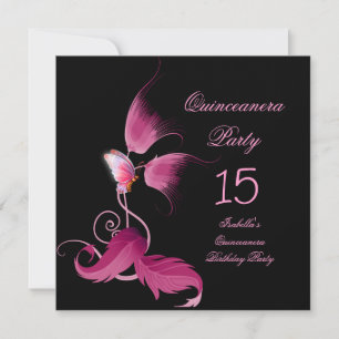 Pink Butterfly Quinceanera 15 Birthday Party Invitation