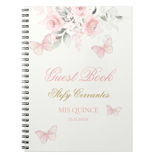 Pink Butterfly Quinceañera Guest Notebook (Front)